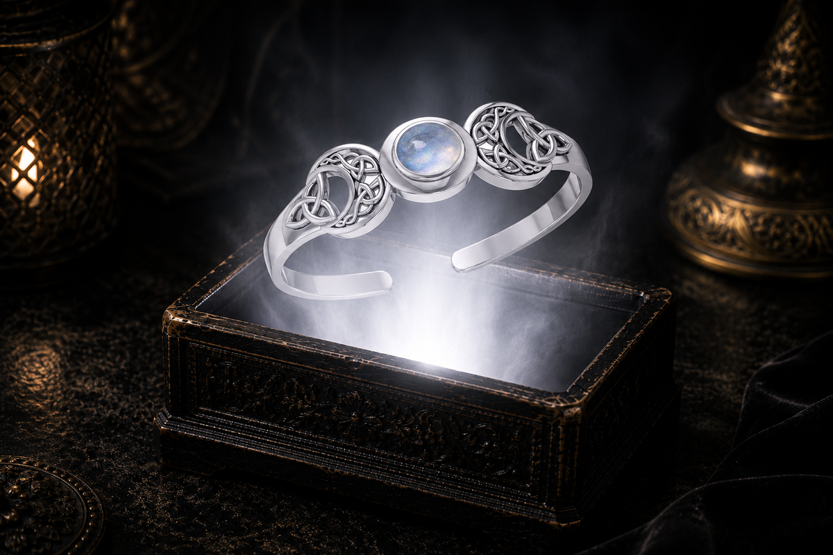 Sterling silver Triple Moon Celtic knot cuff bracelet with rainbow moonstone gemstone floating above an ornate jewelry box illuminated by soft white light in a dark luxury setting with mystical lunar symbolism and cinematic elegance.