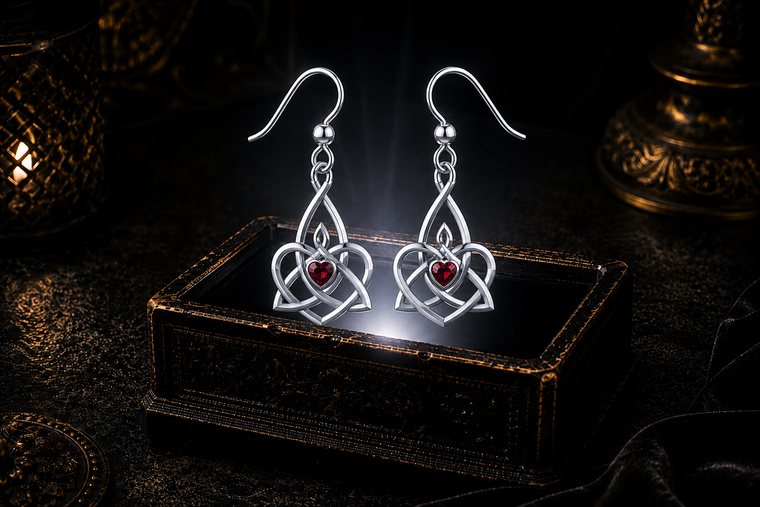 Sterling silver Celtic Triquetra Trinity Knot heart earrings with garnet heart gemstones floating above a glowing ornate jewelry box in a dark luxurious mystical setting with cinematic lighting