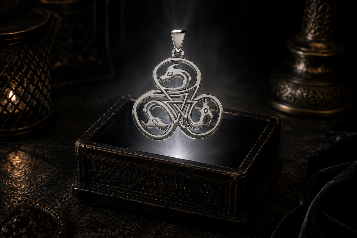 Solid white gold triskele pendant featuring three intertwined dragon heads symbolizing eternal cycles, transformation, wisdom, and strength, floating above an ornate black jewelry box illuminated by soft white light in a dark luxurious Celtic-inspired setting with mystical atmosphere and candlelit ambiance.