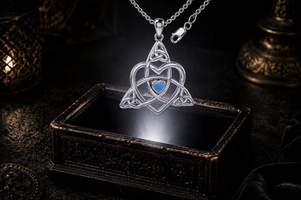 Turquoise Celtic Trinity heart pendant with sterling silver cable chain suspended in a neutral white beam above an antique jewelry box