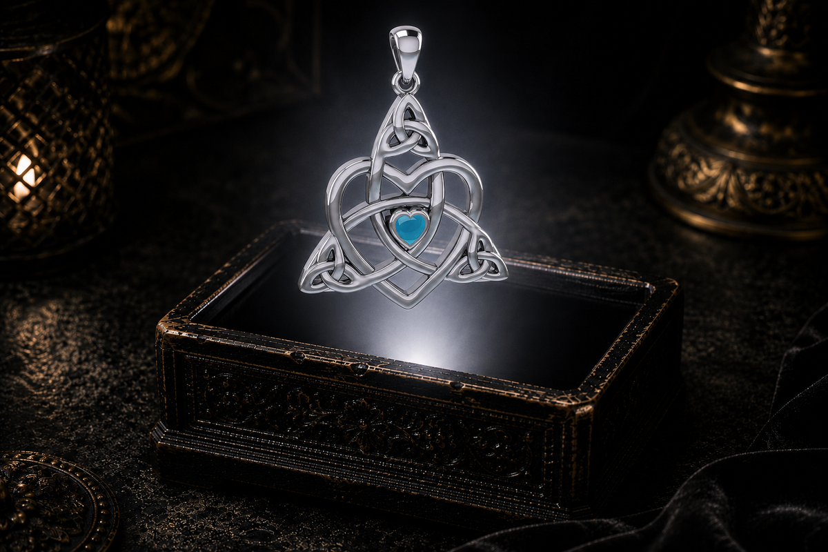 Sterling silver Celtic heart pendant with Trinity knotwork and a heart-shaped turquoise center hovering above an ornate antique jewelry box