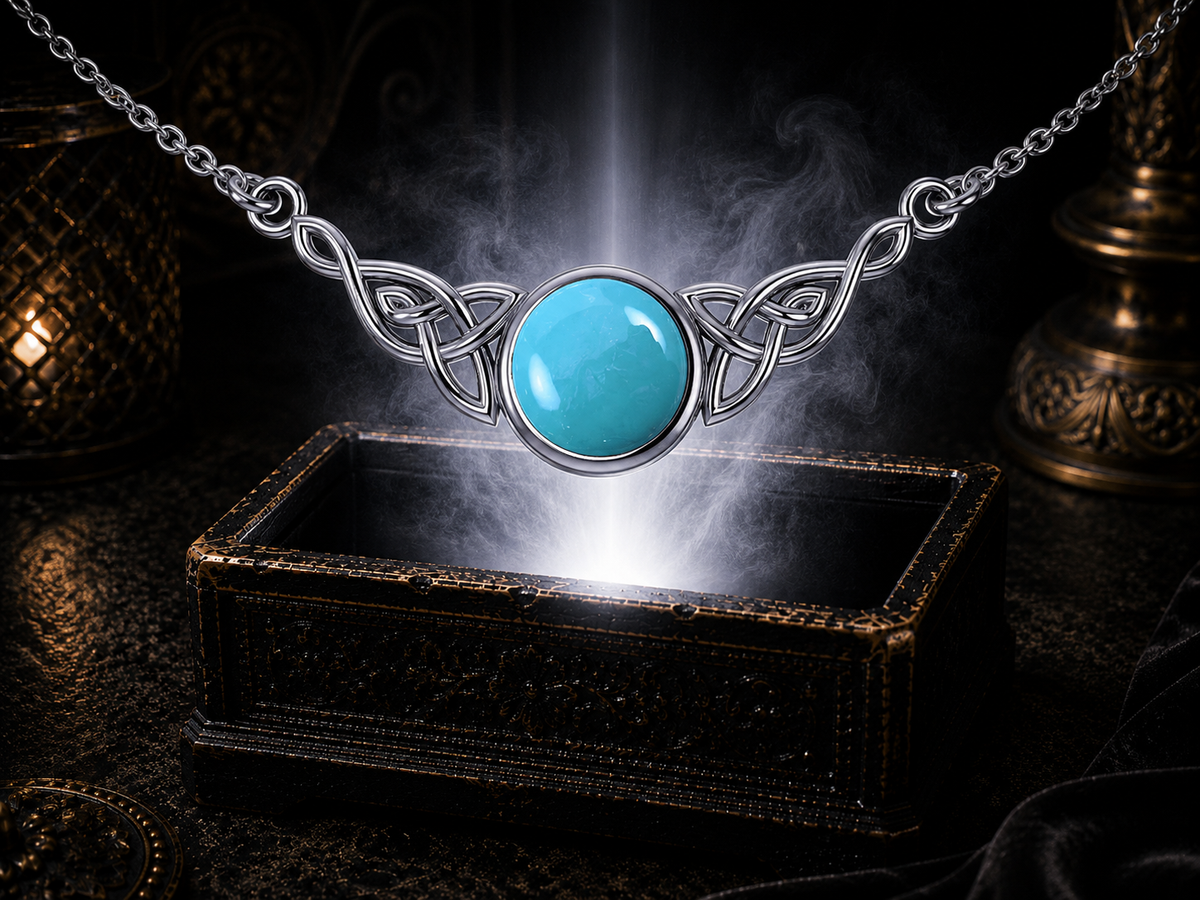 Turquoise Celtic knot sterling silver necklace floating in a mystical luxury environment with warm glowing reflections