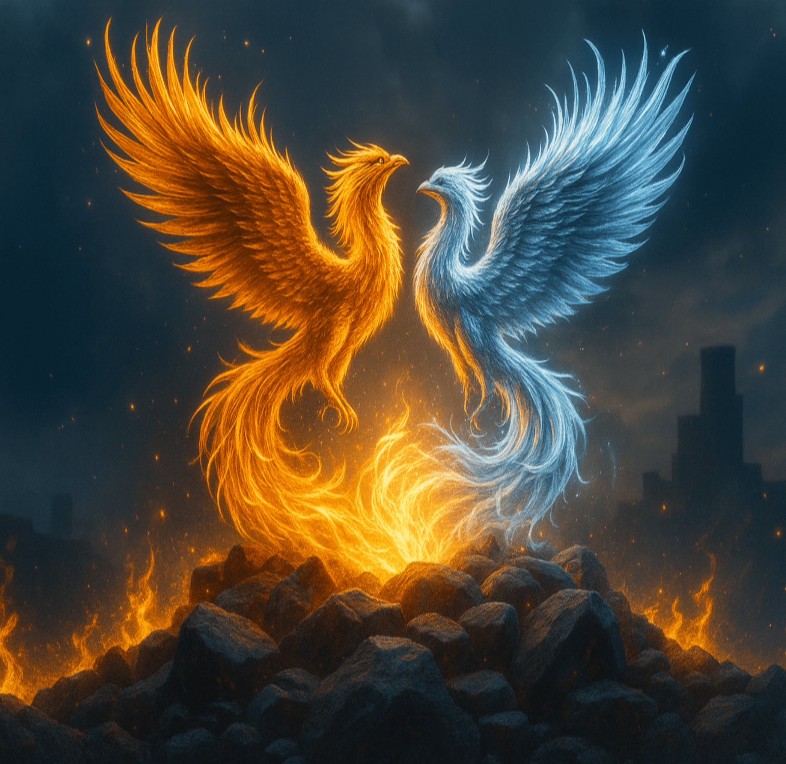 Fiery orange and icy blue phoenix rising above glowing flames on a dark background