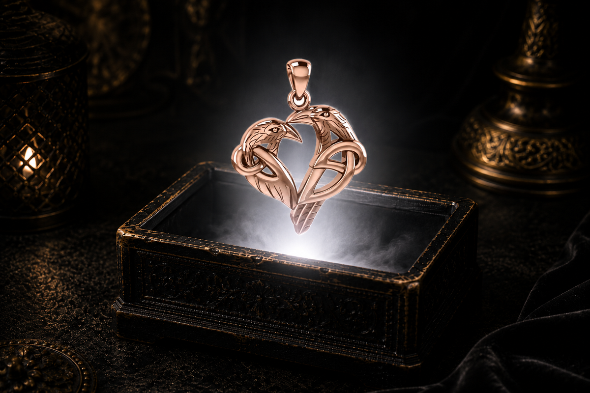 Solid rose gold twin raven Celtic heart pendant floating above an ornate black jewelry box with soft white glow, swirling mist, candlelit accents, and a dark luxurious Celtic-inspired setting.