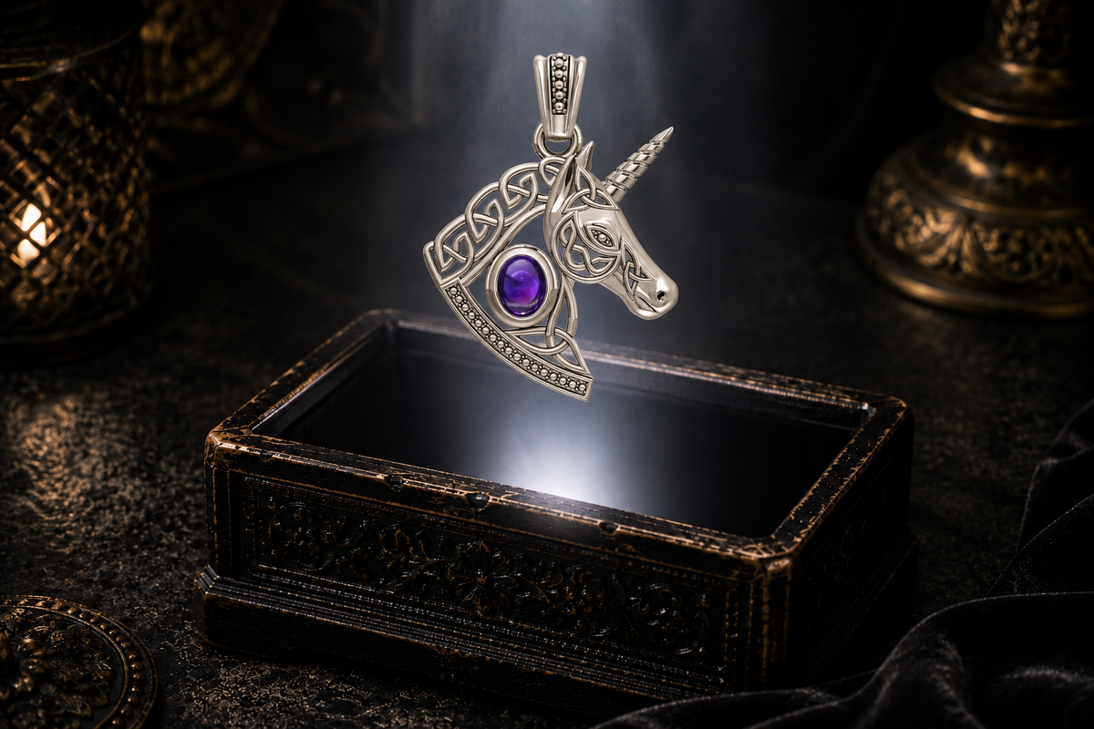 White gold unicorn pendant with Celtic knotwork mane and genuine amethyst