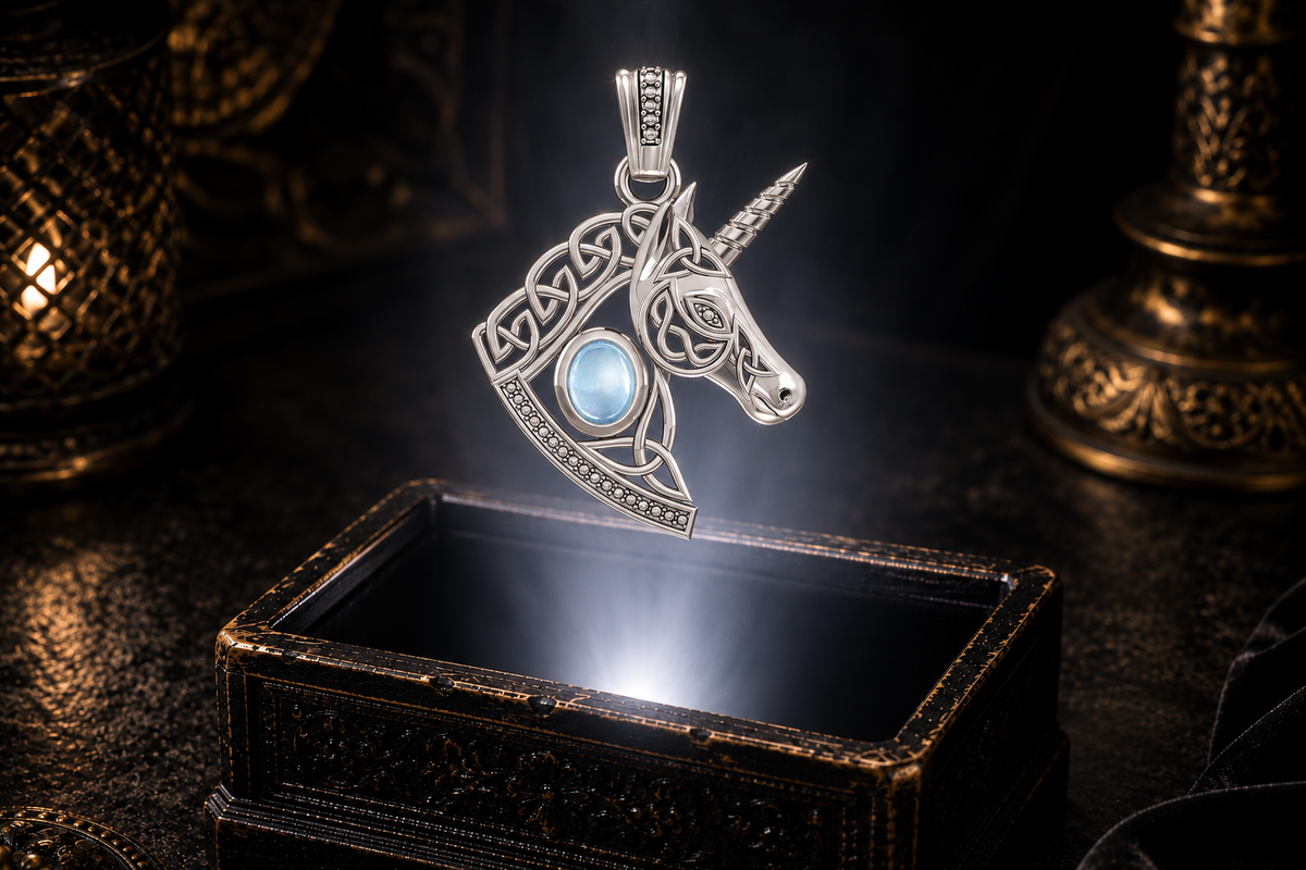 Unicorn pendant in white gold with flowing Celtic knotwork and genuine blue topaz