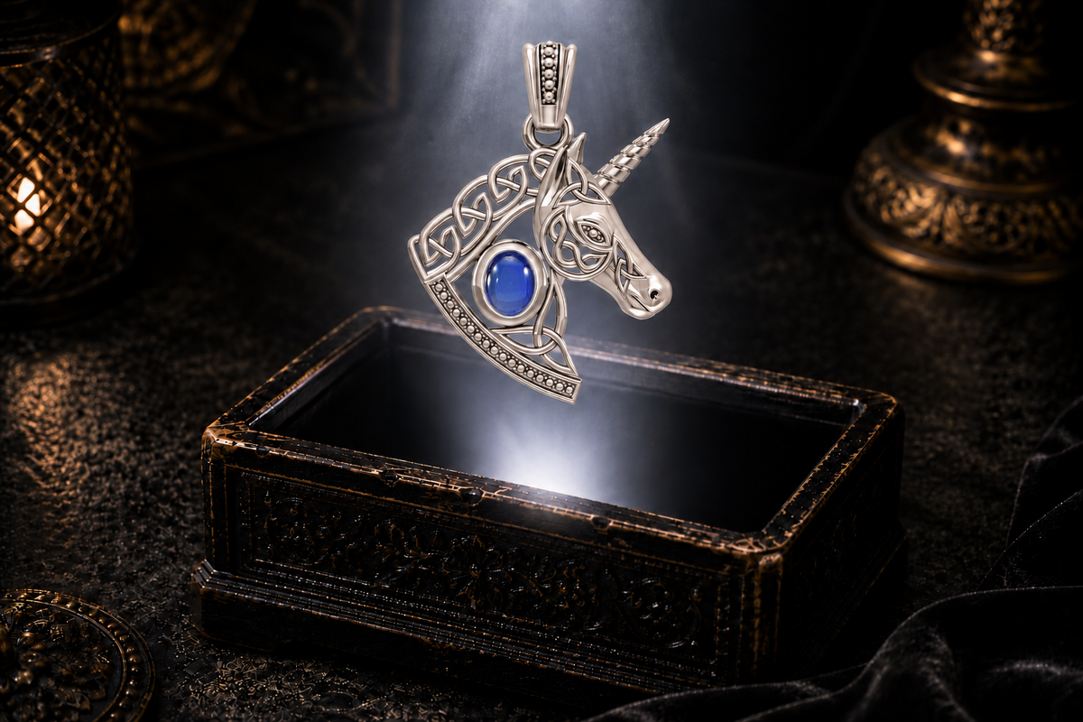 White gold unicorn pendant with spiraled horn, Celtic knotwork mane, and created sapphire
