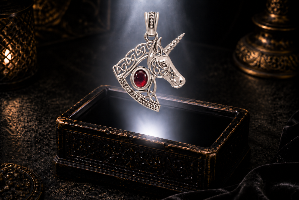 Unicorn pendant in solid white gold with Celtic knotwork and genuine garnet