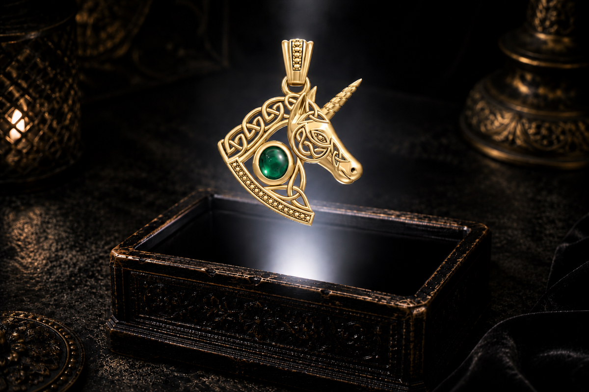 Solid yellow gold unicorn pendant featuring Celtic knotwork around an oval green emerald glass stone, hovering in soft light above an antique box.