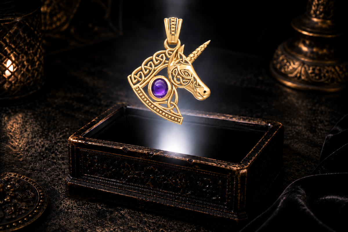 Yellow gold unicorn pendant with a purple amethyst gemstone and flowing Celtic knotwork, suspended above an ornate antique jewelry box.