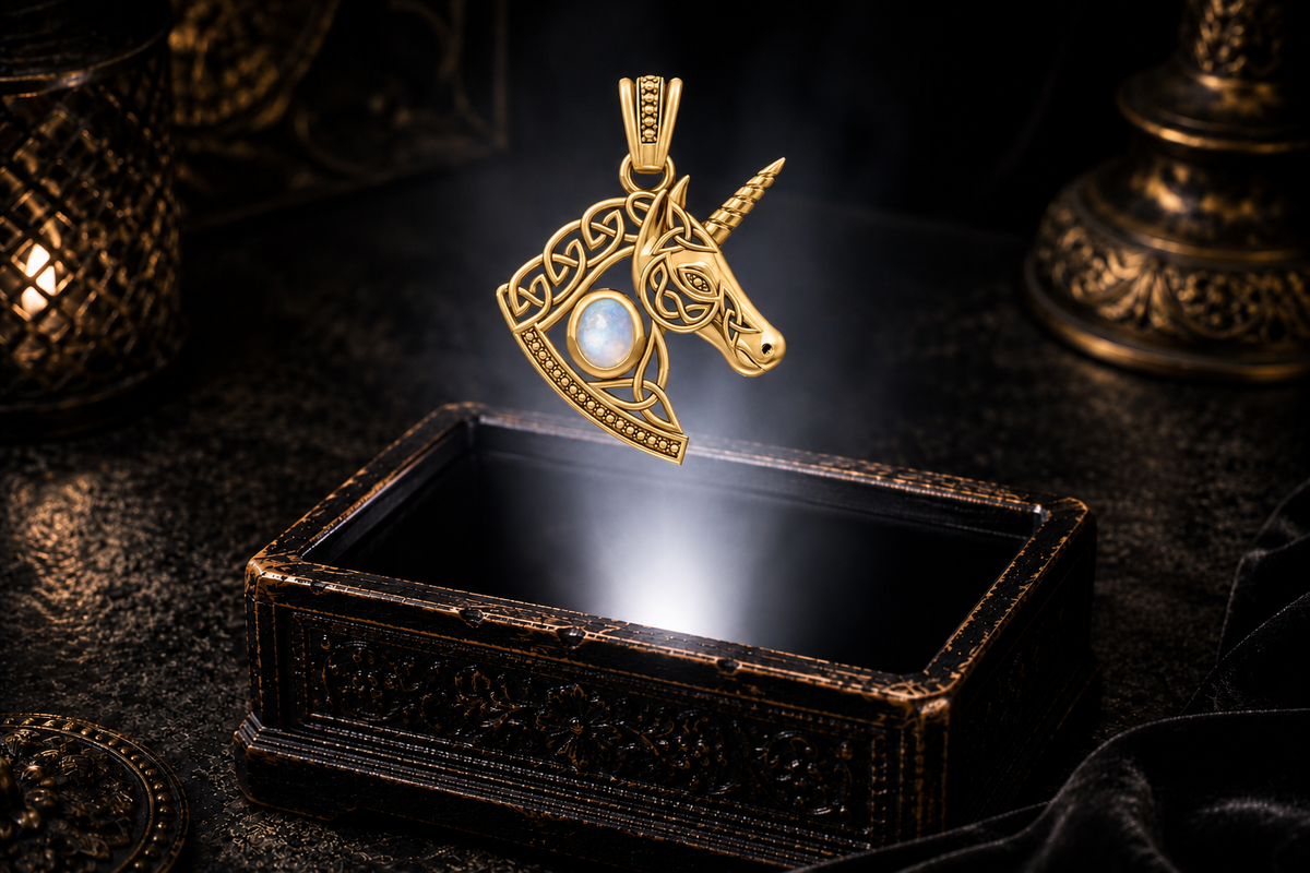 Gold unicorn pendant with a luminous rainbow moonstone, curved Celtic knotwork, and detailed spiraled horn suspended over an ornate dark jewelry box.
