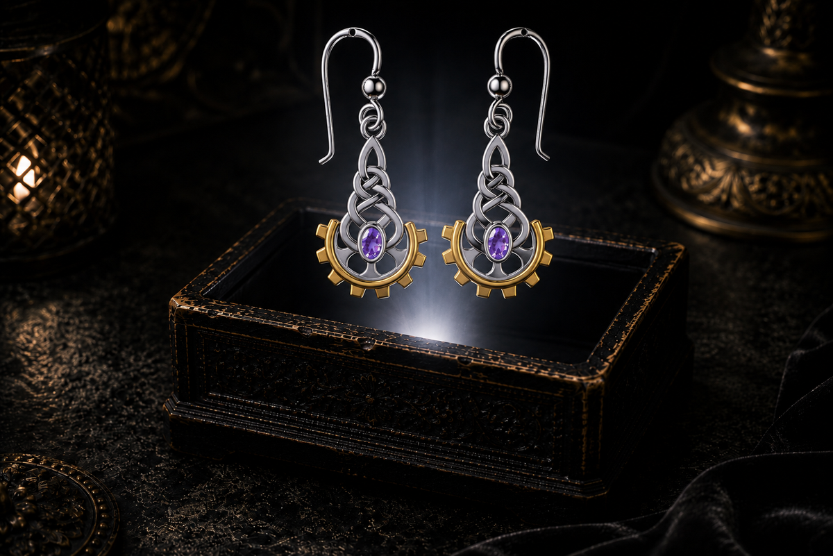 Victorian steampunk Celtic sterling silver earrings with 14K gold gear accents and amethyst gemstones floating above a glowing ornate jewelry box in a dark luxury setting