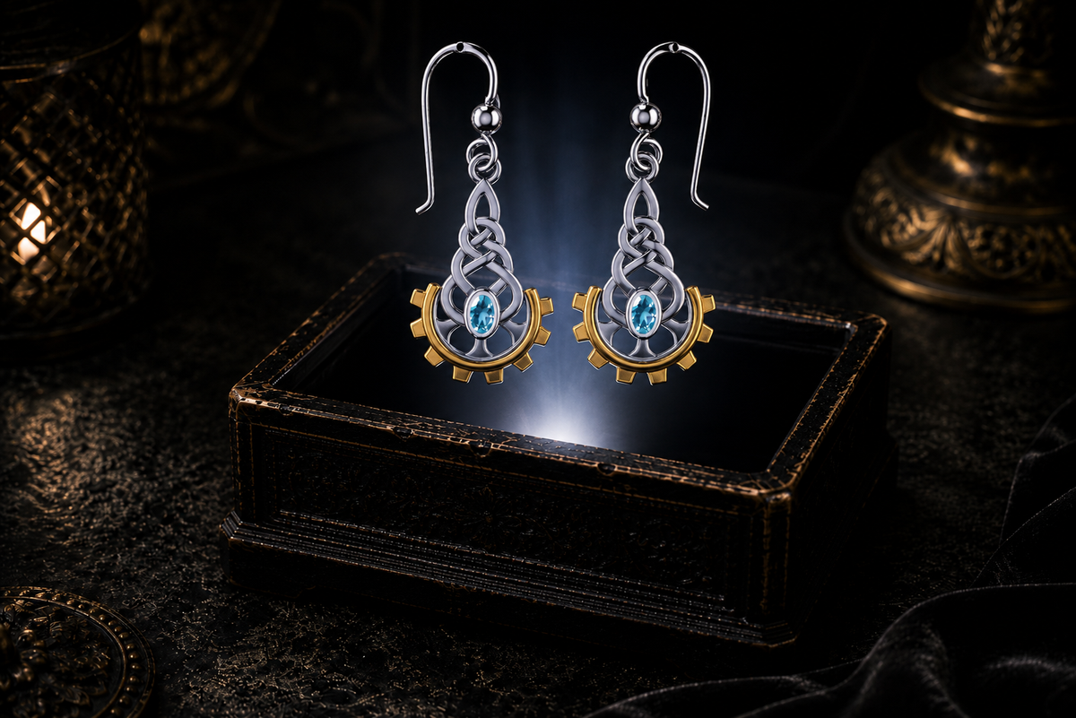 Victorian steampunk Celtic sterling silver earrings with 14K gold gear accents and blue topaz gemstones floating above a glowing ornate jewelry box in a dark luxury setting
