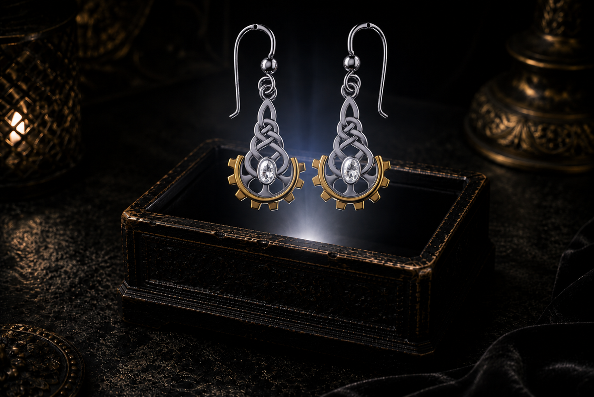 Victorian steampunk Celtic sterling silver earrings with 14K gold gear accents and cubic zirconia gemstones floating above a glowing ornate jewelry box in a dark luxury setting
