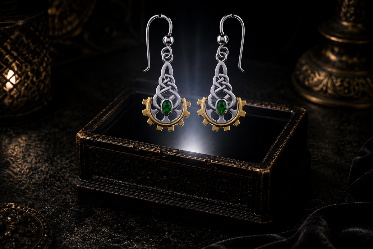 Victorian steampunk Celtic sterling silver earrings with 14K gold gear accents and emerald glass gemstones floating above a glowing ornate jewelry box in a dark luxury setting