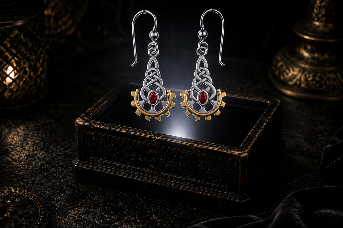 Victorian steampunk Celtic sterling silver earrings with 14K gold gear accents and garnet gemstones floating above a glowing ornate jewelry box in a dark luxury setting
