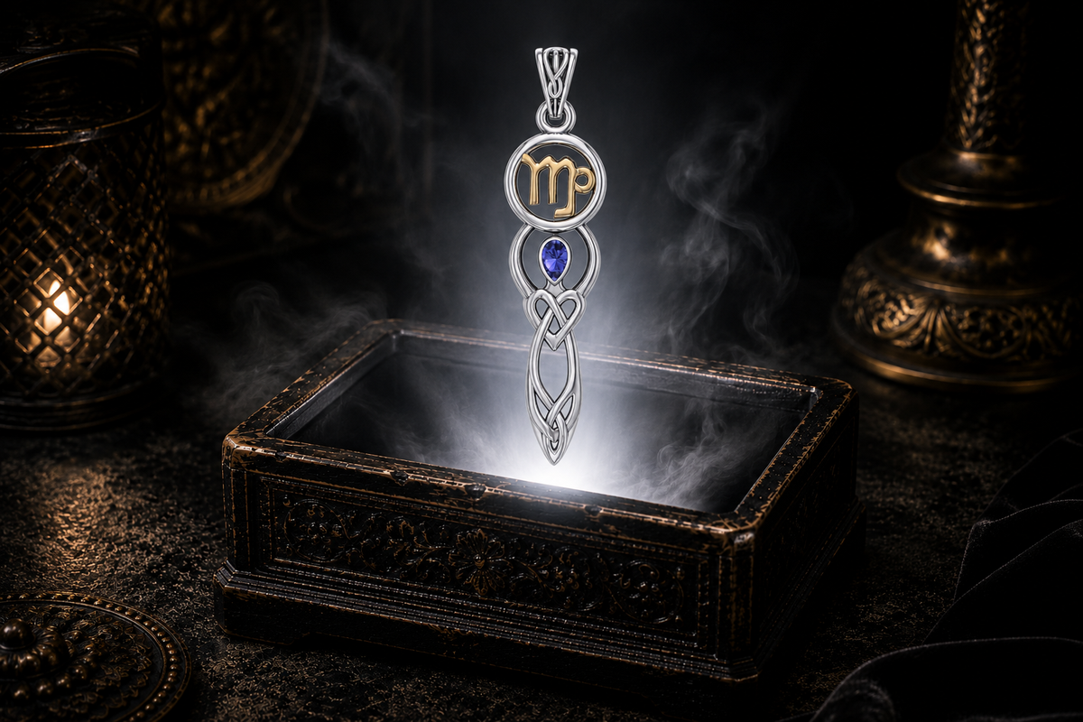Sterling silver Virgo birthstone pendant with sapphire, gold accents, and Celtic goddess symbolism showcased above an antique jewelry box surrounded by mystical light and shadow.