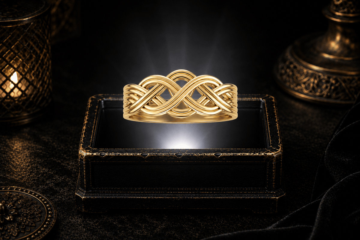 Front view of a 14K gold Celtic knot ring showing its flowing overlapping gold strands