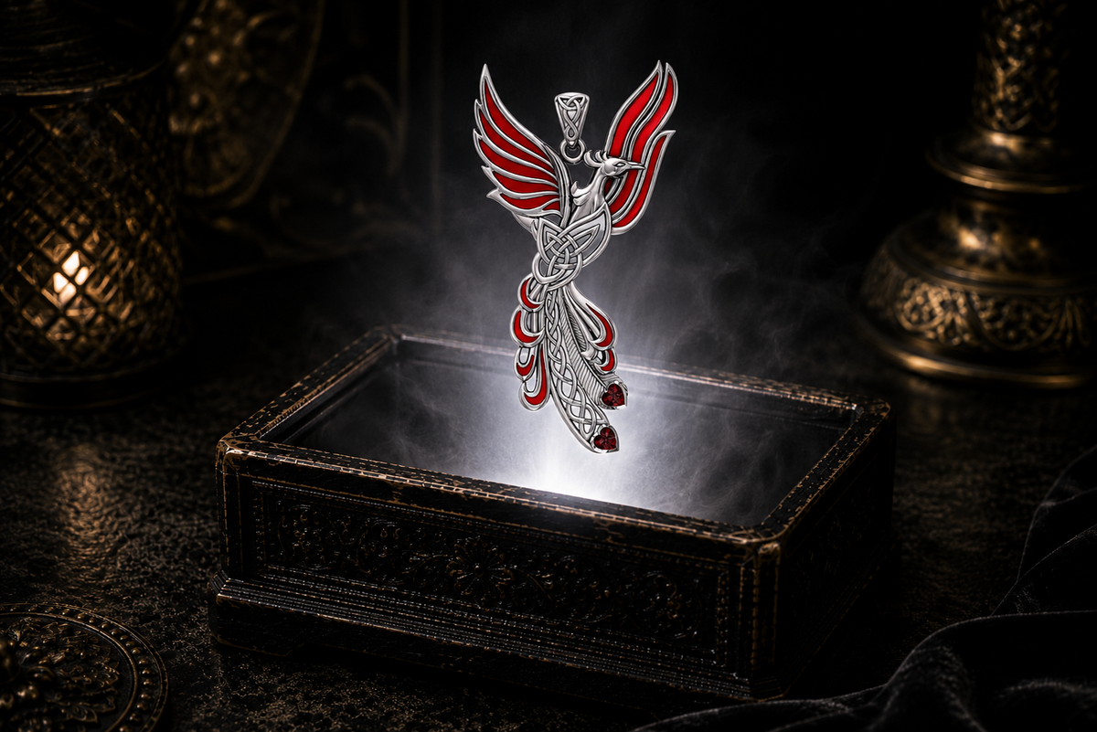 14K white gold Celtic phoenix pendant with garnet heart gemstones floating above an ornate black jewelry box illuminated by soft white light in a dark luxurious mystical setting with candlelight and drifting mist.