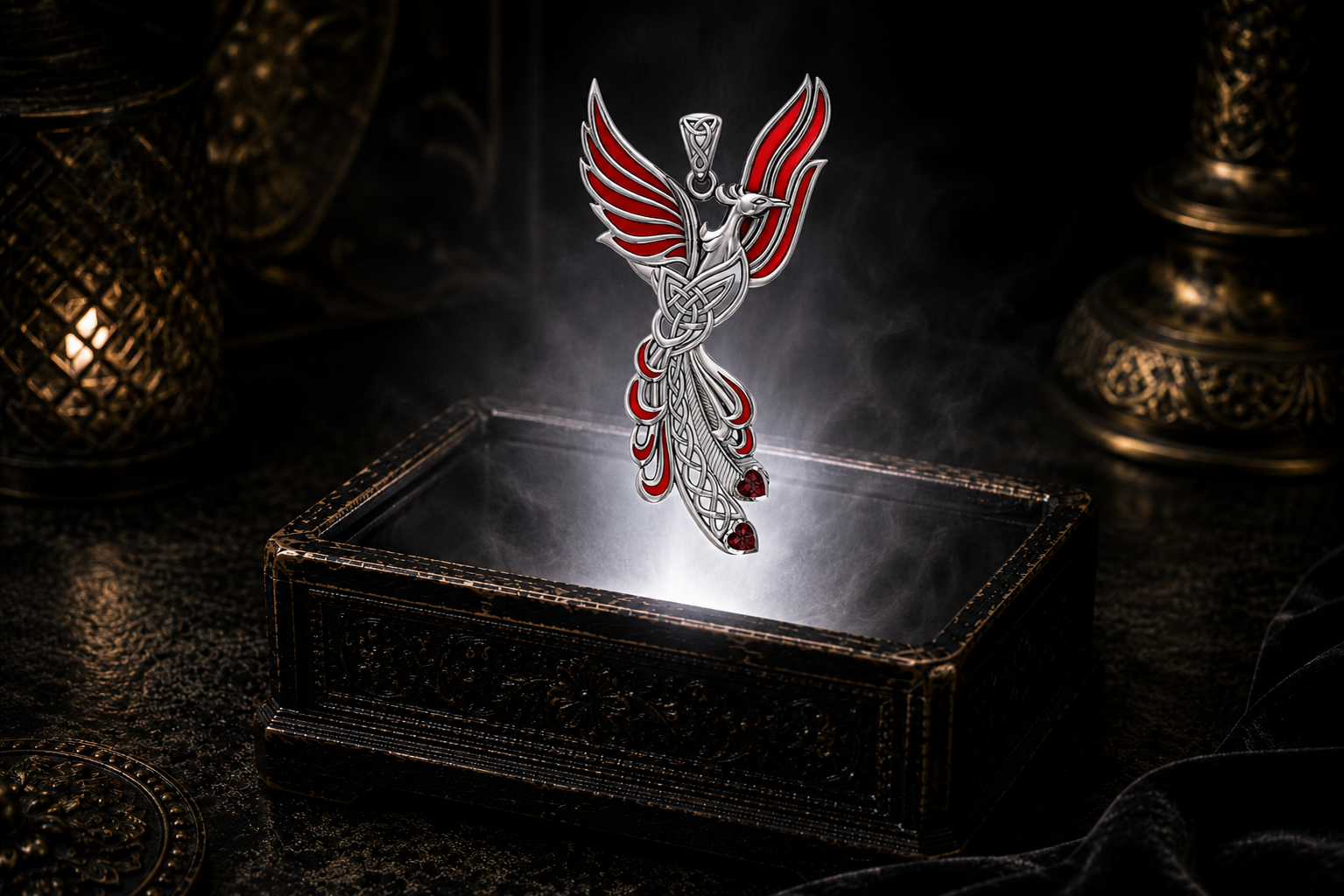 14K white gold Celtic phoenix pendant with garnet heart gemstones floating above an ornate black jewelry box illuminated by soft white light in a dark luxurious mystical setting with candlelight and drifting mist.