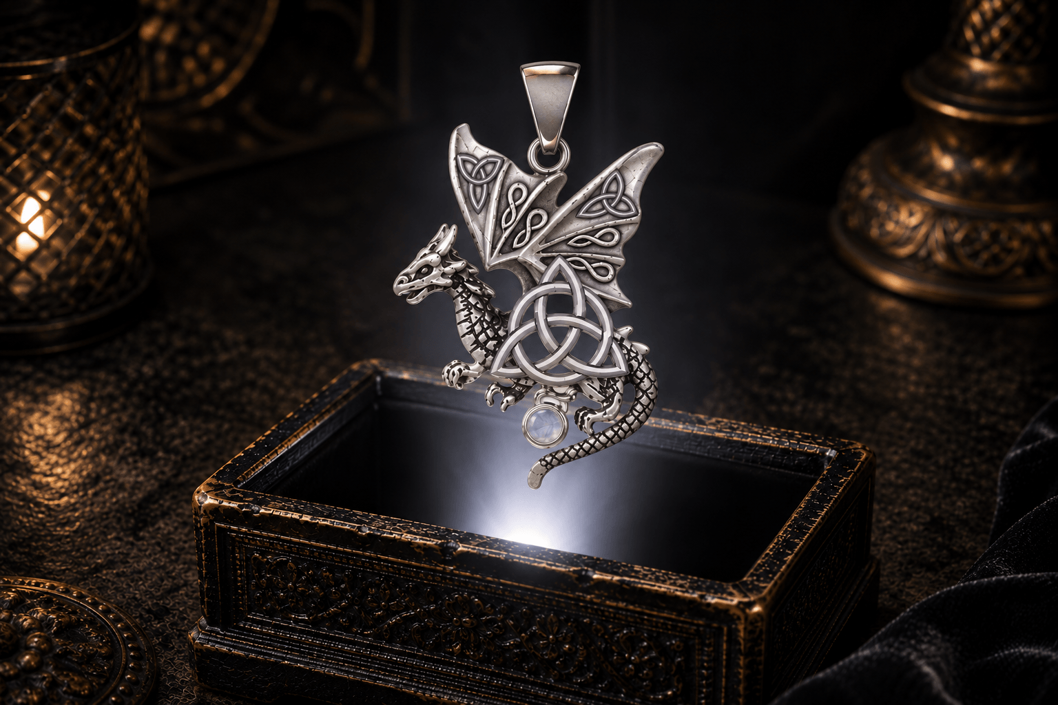 14K white gold winged dragon pendant with open Celtic knotwork, a central Triquetra, scaled body, curling tail and round gemstone drop.