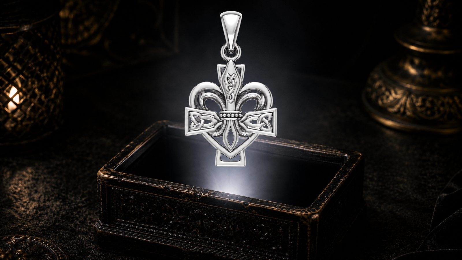 White gold Fleur-de-Lis Celtic Cross pendant suspended in a beam of light above an ornate antique jewelry box.