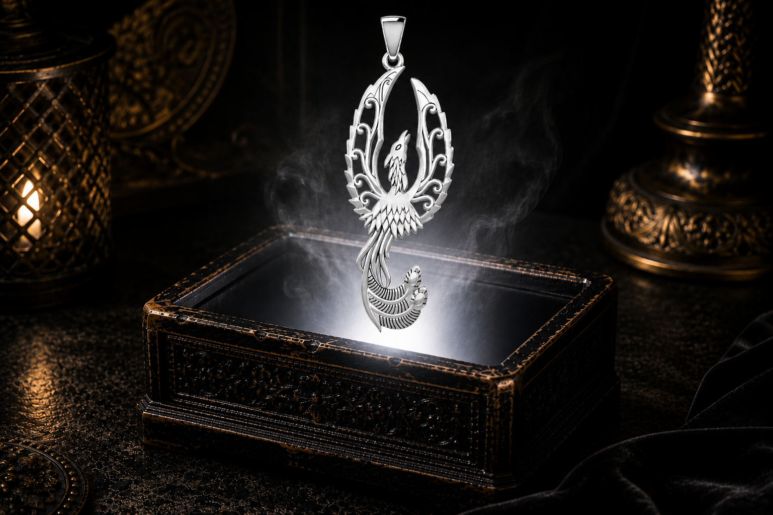 Solid white gold phoenix pendant floating above an ornate antique jewelry box with a radiant white light beam, drifting mist, candlelit accents, dark velvet, and a cinematic luxury atmosphere.
