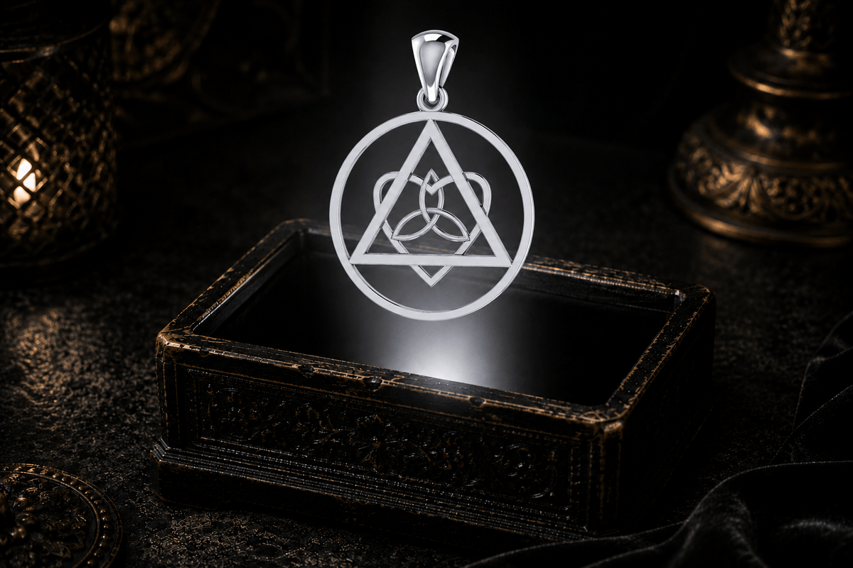 14K white gold recovery pendant with a sobriety triangle, circular frame, knotwork heart, and Trinity knot floating above an antique jewelry box.