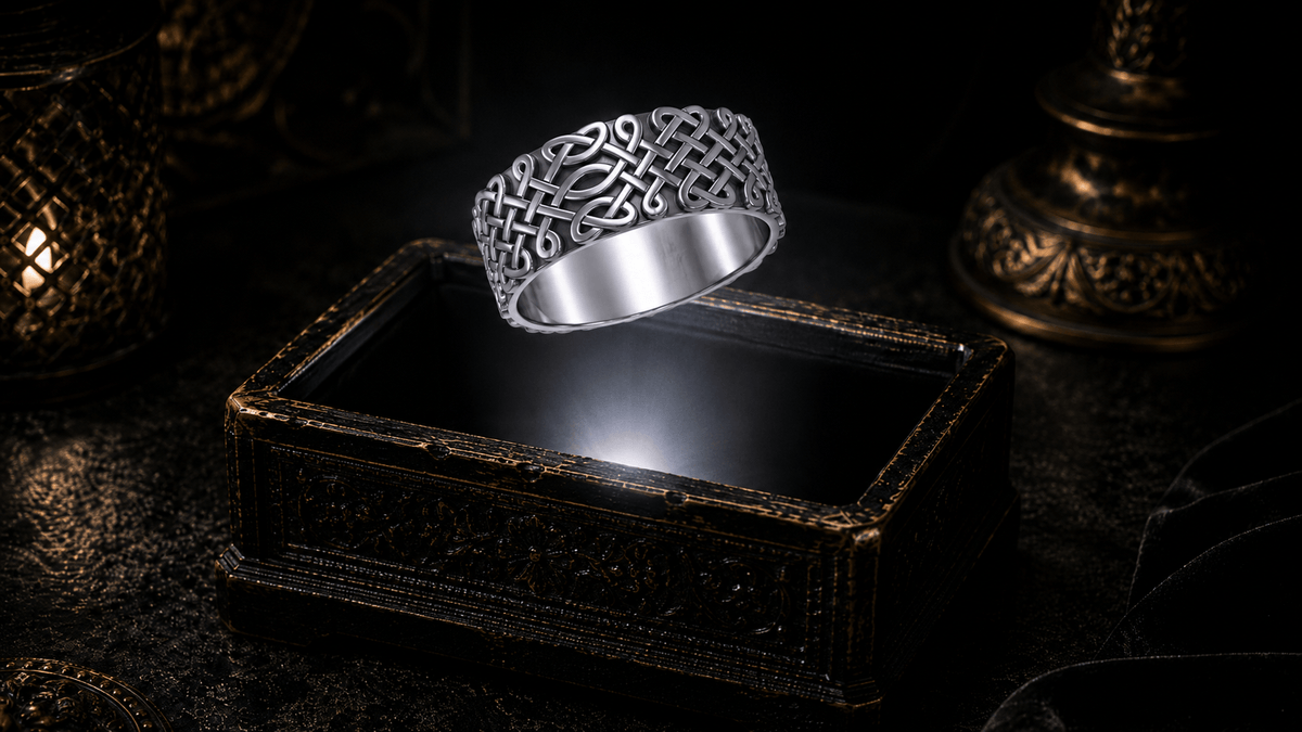 Wide band sterling silver Celtic knot ring hovering above an antique jewelry box in a neutral white light beam