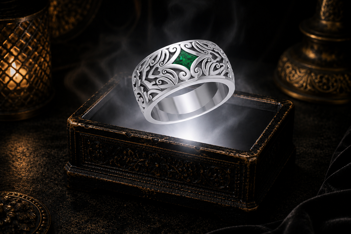 Wide sterling silver Celtic statement ring with flowing knotwork, a princess-cut emerald-green glass centerpiece, and delicate heart accents suspended above an ornate jewelry box surrounded by cinematic fog and elegant luxury lighting.