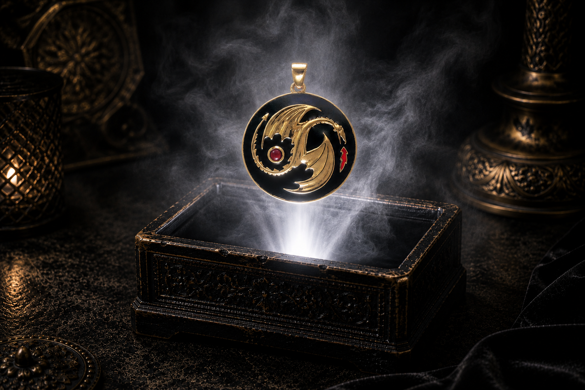 Gold vermeil Yin Yang Dragon Medallion pendant with glossy black enamel backdrop and red cabochon accent floating above an ornate black jewelry box illuminated by soft white light in a dark luxurious setting inspired by ancient dragon lore.