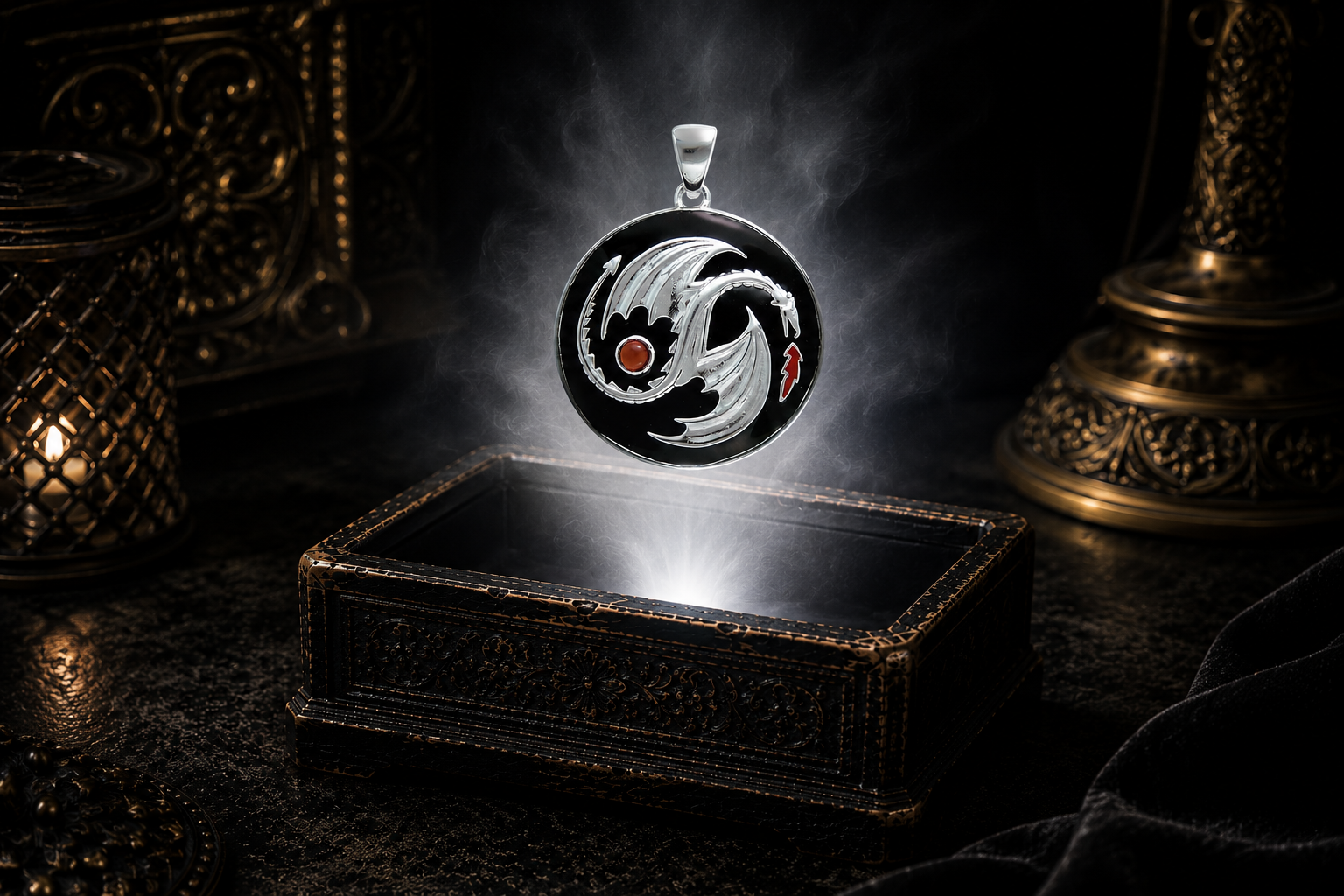 Sterling silver yin yang dragon medallion pendant with black enamel backdrop and red cabochon accent floating above an ornate dark jewelry box surrounded by luminous white light and drifting mist in a cinematic luxury setting.
