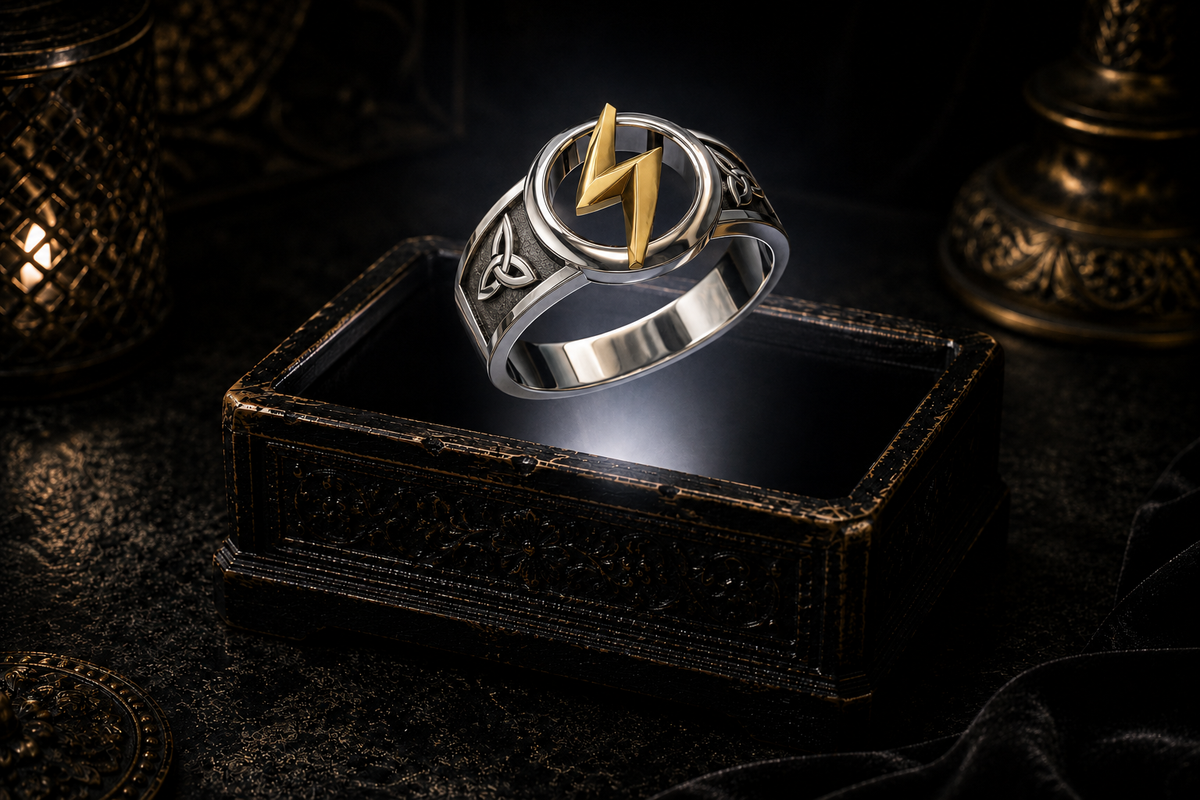 Sterling silver Zeus lightning bolt ring with Celtic Triquetra knotwork and 14K gold accent floating above a glowing antique jewelry box in a cinematic luxury setting
