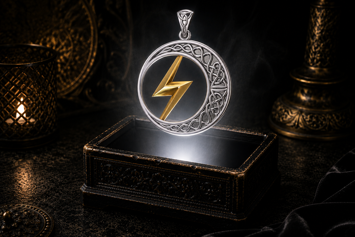 Sterling silver Zeus lightning bolt pendant with a 14K gold accent and intricate Celtic knotwork floating above an ornate jewelry box in a dark cinematic luxury setting illuminated by a mystical glow.
